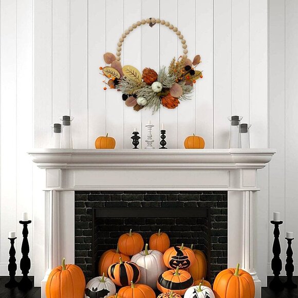 16" Artificial Fall Wooden Beads Wreath with Leaves, Chrysanthemums & Mini Pumpk - Picture 2 of 7